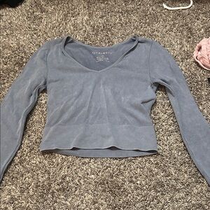Brandy Melville Dusty Blue Ribbed V-Neck Long Sleeve Top